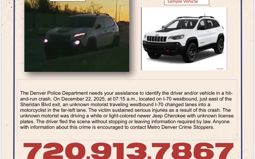 Choque con fuga en la I-70: Policía de Denver busca Jeep Cherokee tras accidente de motociclista