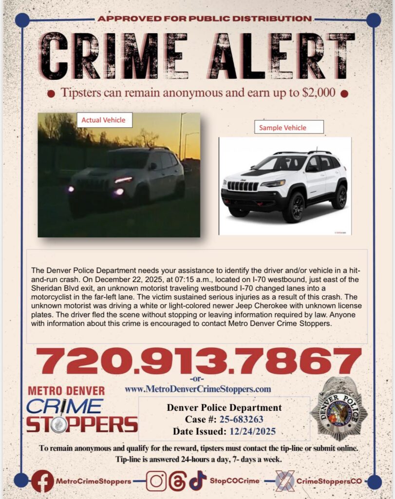 Choque con fuga en la I-70: Policía de Denver busca Jeep Cherokee tras accidente de motociclista